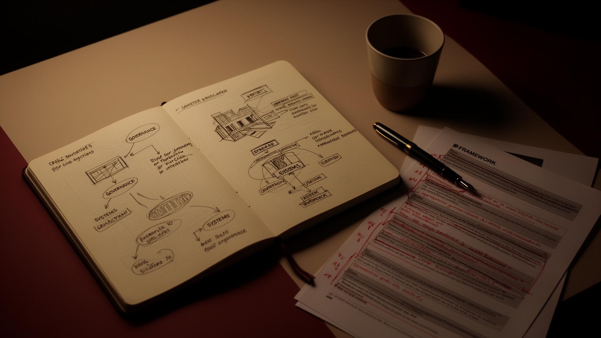 An open notebook of governance and systems sketches beside annotated framework papers, lit by a single warm lamp late at night.
